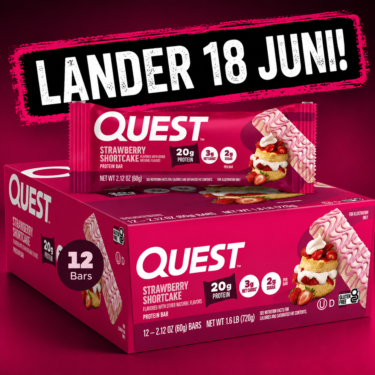 PRESALE - SENDES FØRST UD 18 JUNI !!!!! - Quest Protein Bar – Strawberry Shortcake (12 x 60 g) Sidste Salgsdato 24.08.2026