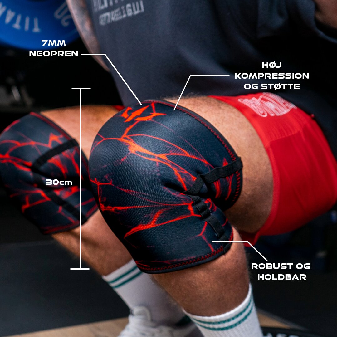 Nærbillede af en mand, der squatter med røde Unlisted Strength knee sleeves og illustrationer, der fremhæver specifikationer