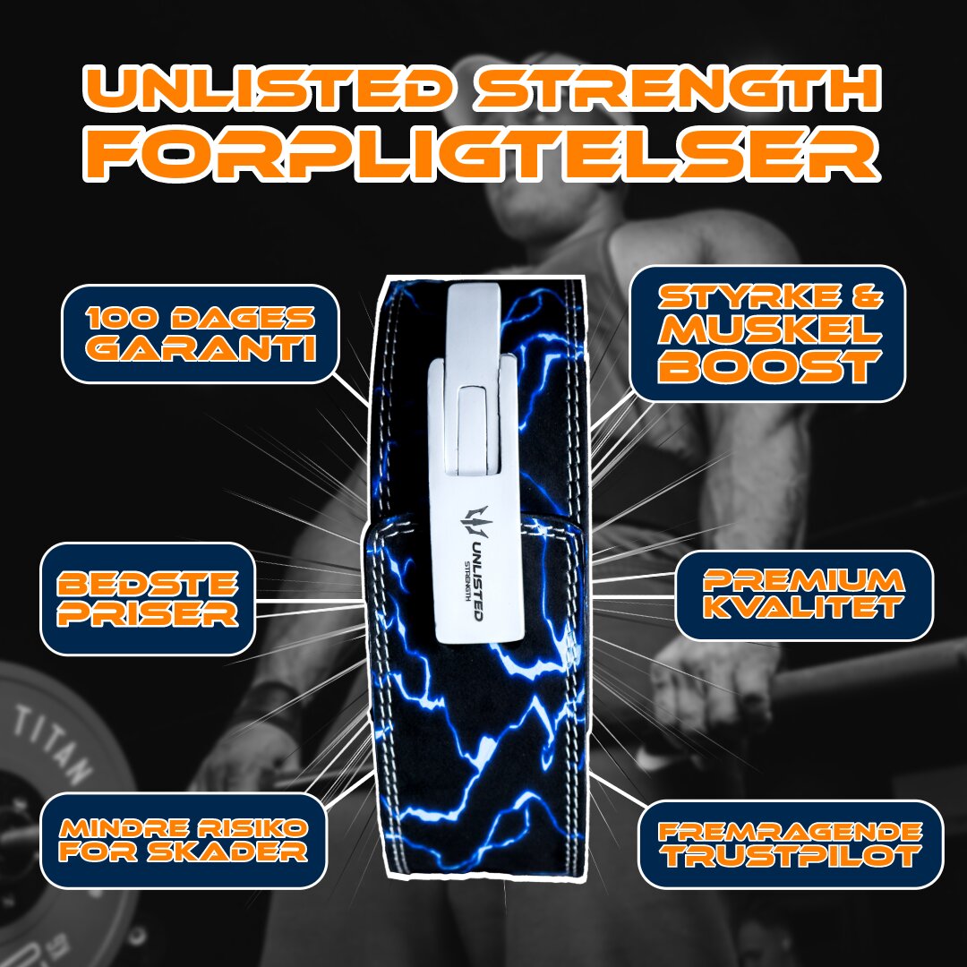 Illustrationsbillede, der fremhæver alle de vigtigste fordele ved at købe Unlisted Strengths blå træningsbælte
