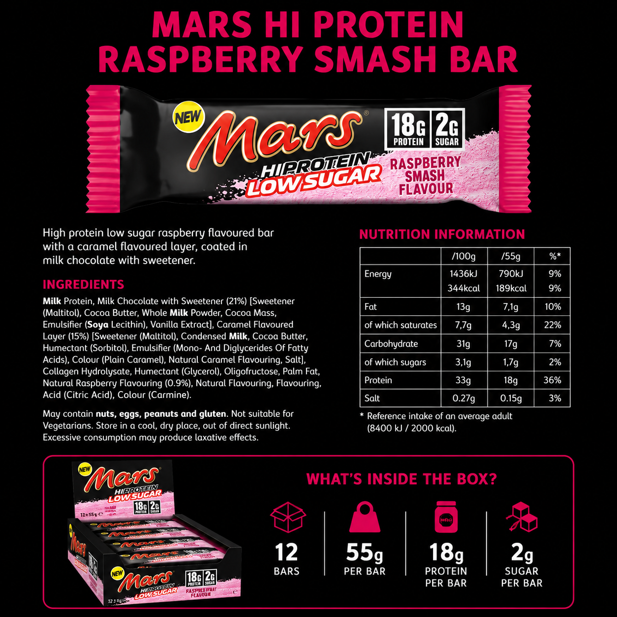 PreOrdre - Sendes først ud fra mandag den 13.07.2026 - Mars Hi Protein Low Sugar – Raspberry Smash - 12 stk a 55 g - Sidste Salgsdato 13.08.2026