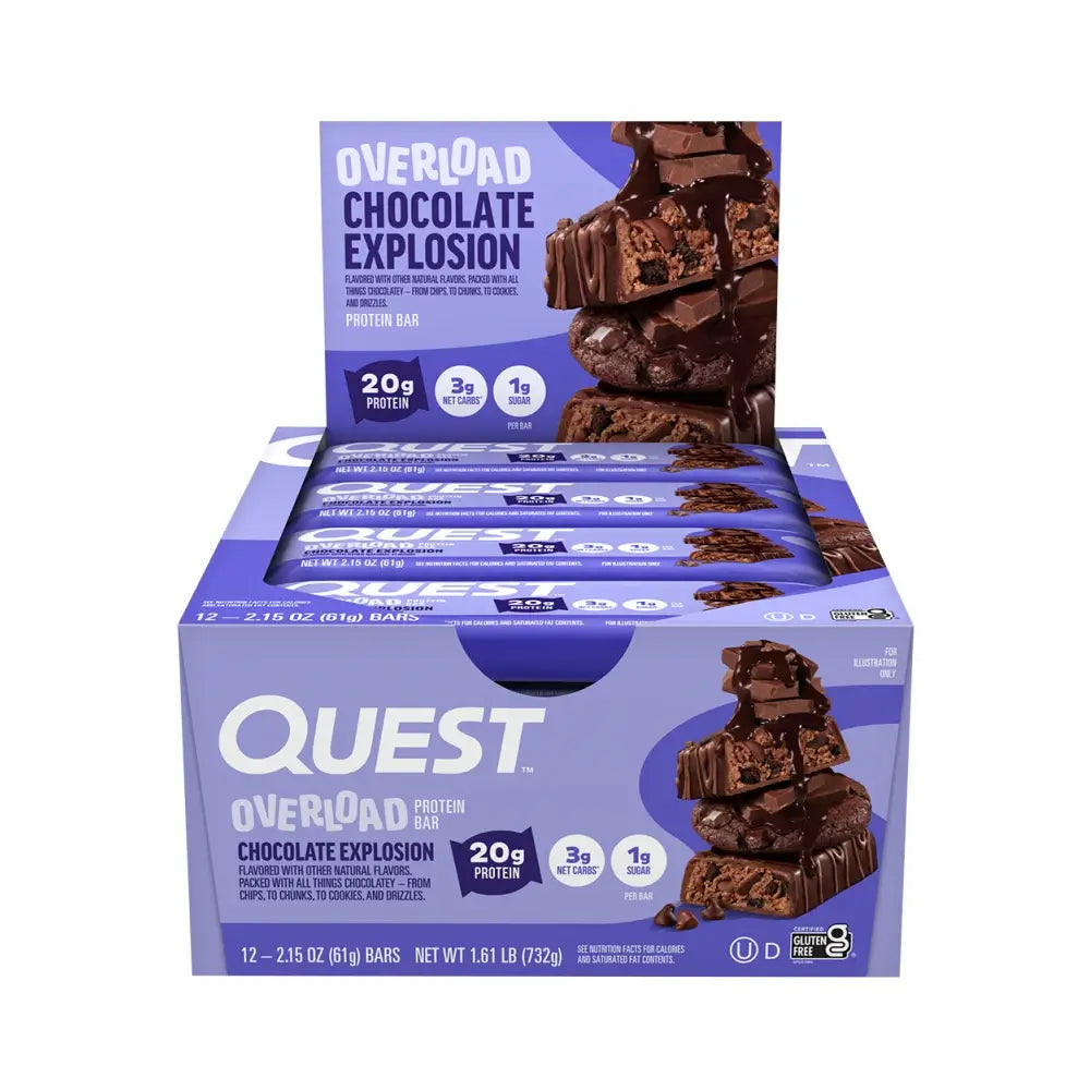 Quest Overload Chocolate Explosion Protein Bar – 12 x 61g - Sidste Salgsdato 17.07.2026