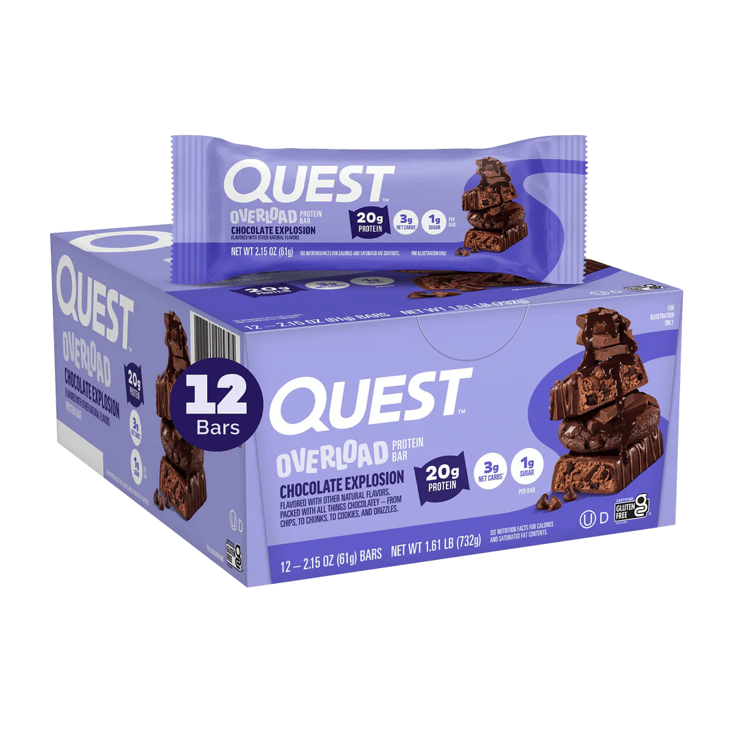 Quest Overload Chocolate Explosion Protein Bar – 12 x 61g - Sidste Salgsdato 17.07.2026