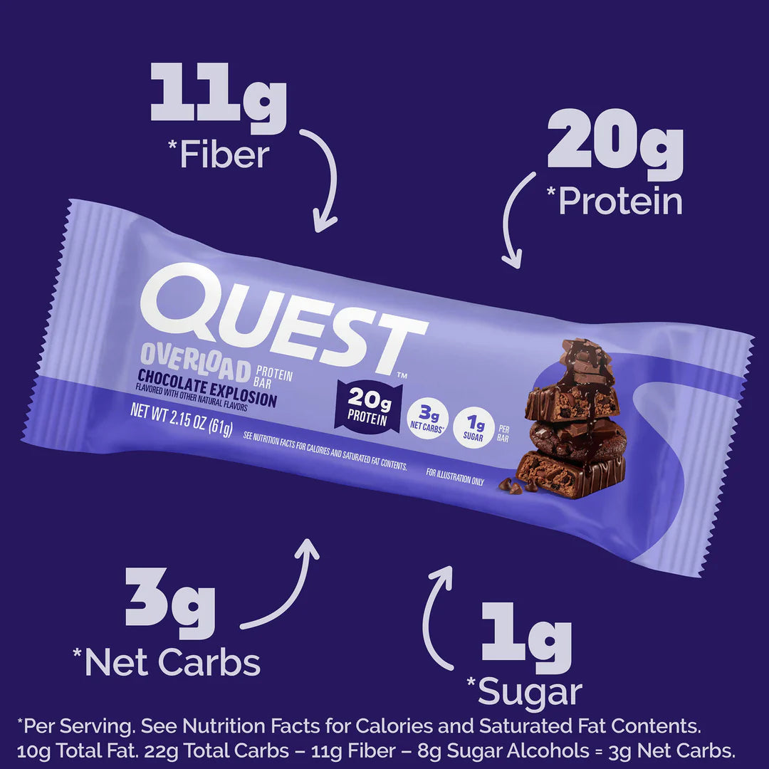 Quest Overload Chocolate Explosion Protein Bar – 12 x 61g - Sidste Salgsdato 17.07.2026