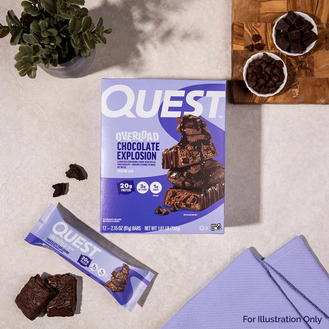 Quest Overload Chocolate Explosion Protein Bar – 12 x 61g - Sidste Salgsdato 17.07.2026