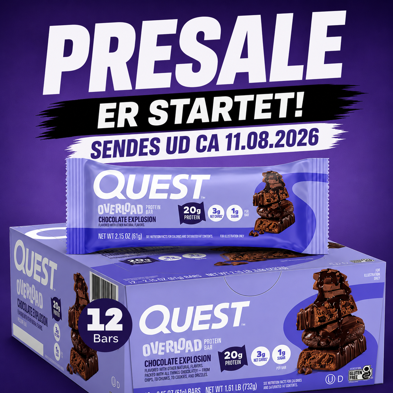 Quest Overload Chocolate Explosion Protein Bar – 12 x 61g - Sidste Salgsdato 17.09.2026