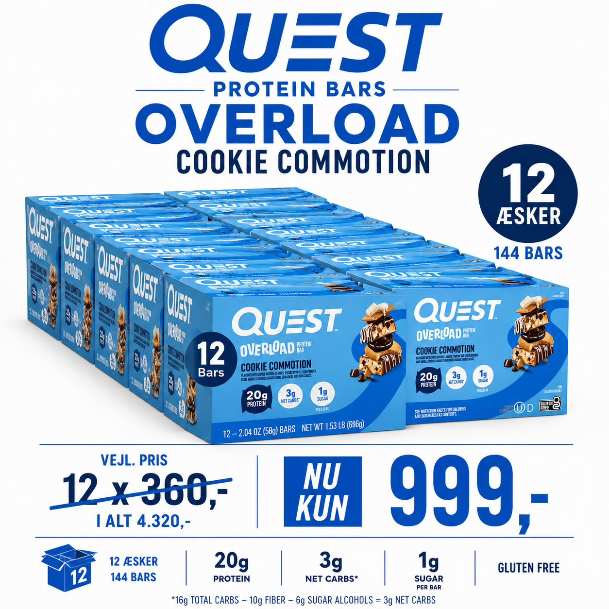 Quest Overload Cookie Commotion Protein Bar – 12 x 12 Bars 🍪💥  144 x 63g - Sidste Salgsdato 09.09.2026
