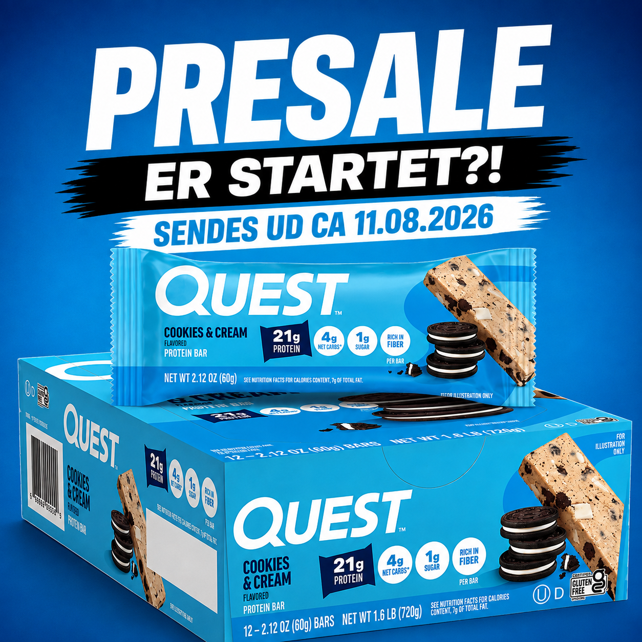 Quest Cookies & Cream Protein Bar – 12 Bars 🍪🥛 (12 x 60g) Sidste Salgsdato 17.09.2026