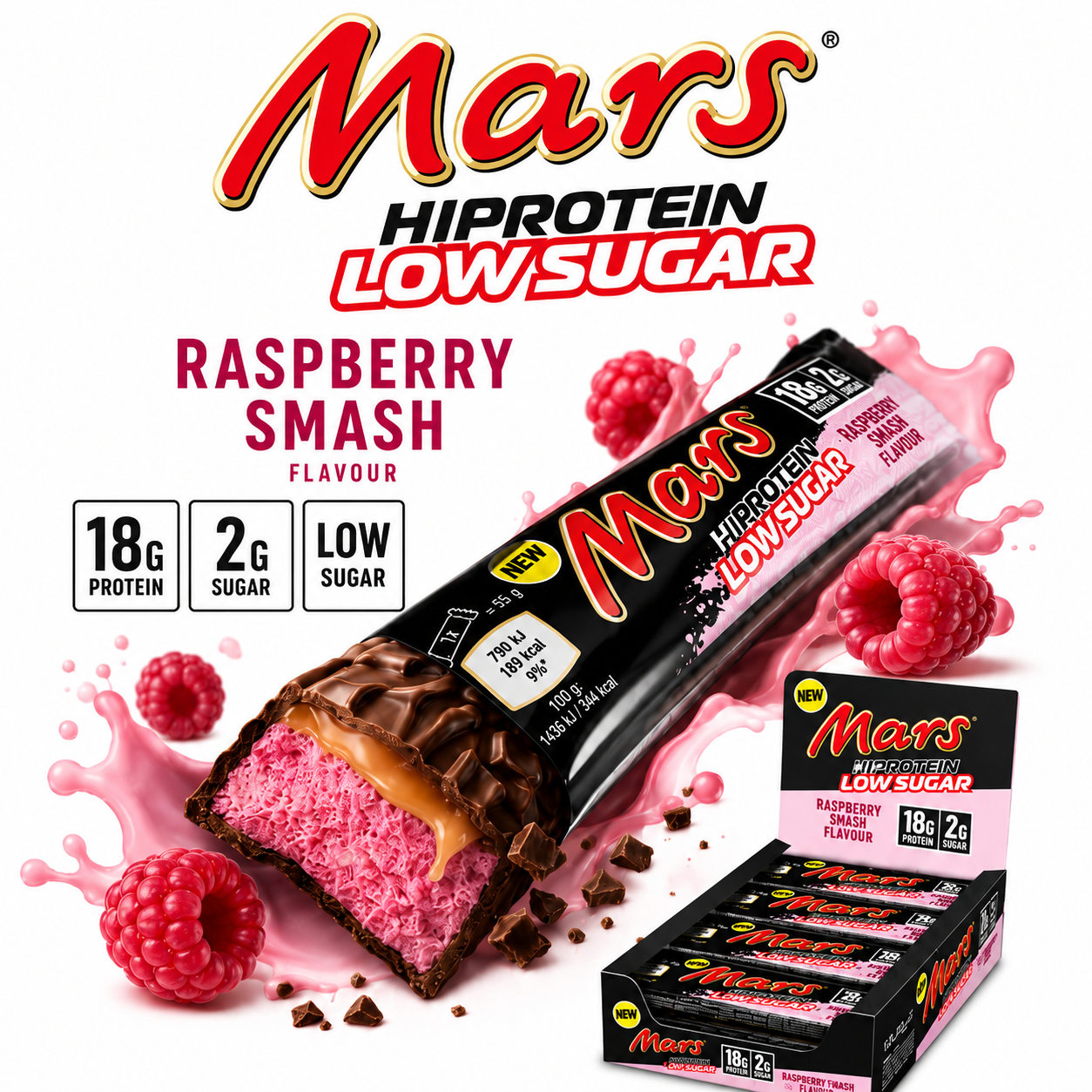PreOrdre - Sendes først ud fra mandag den 13.07.2026 - Mars Hi Protein Low Sugar – Raspberry Smash - 12 stk a 55 g - Sidste Salgsdato 13.08.2026