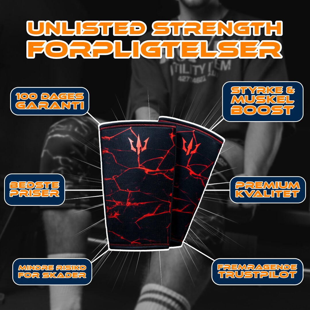 Fremhævelse af 6 forpligtelser Unlisted Strength tilbyder kunderne med knee sleeves i centrum og forpligtelserne ved hver side af dem