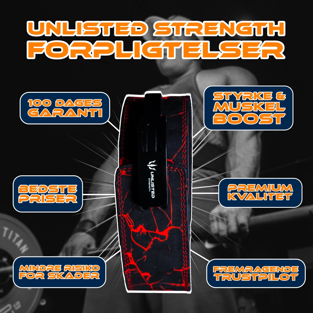 Illustrationsbillede, der fremhæver alle de vigtigste fordele ved at købe Unlisted Strengths røde træningsbælte