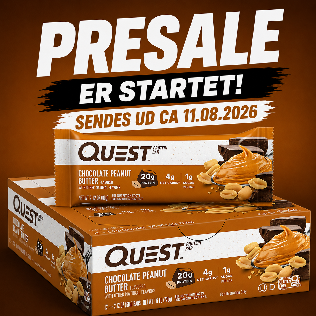 Quest Chocolate Peanut Butter Protein Bar – 12 Bars 🥜🍫  (12 x 60g) Sidste Salgsdato 15.10.2026