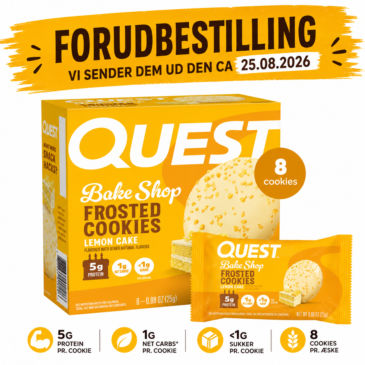 Quest Nutrition, Bake Shop Frosted Cookies, Citronkage, 8 Cookies, 25 g pr. stk - Sidste Salgsdato 25.10.2026