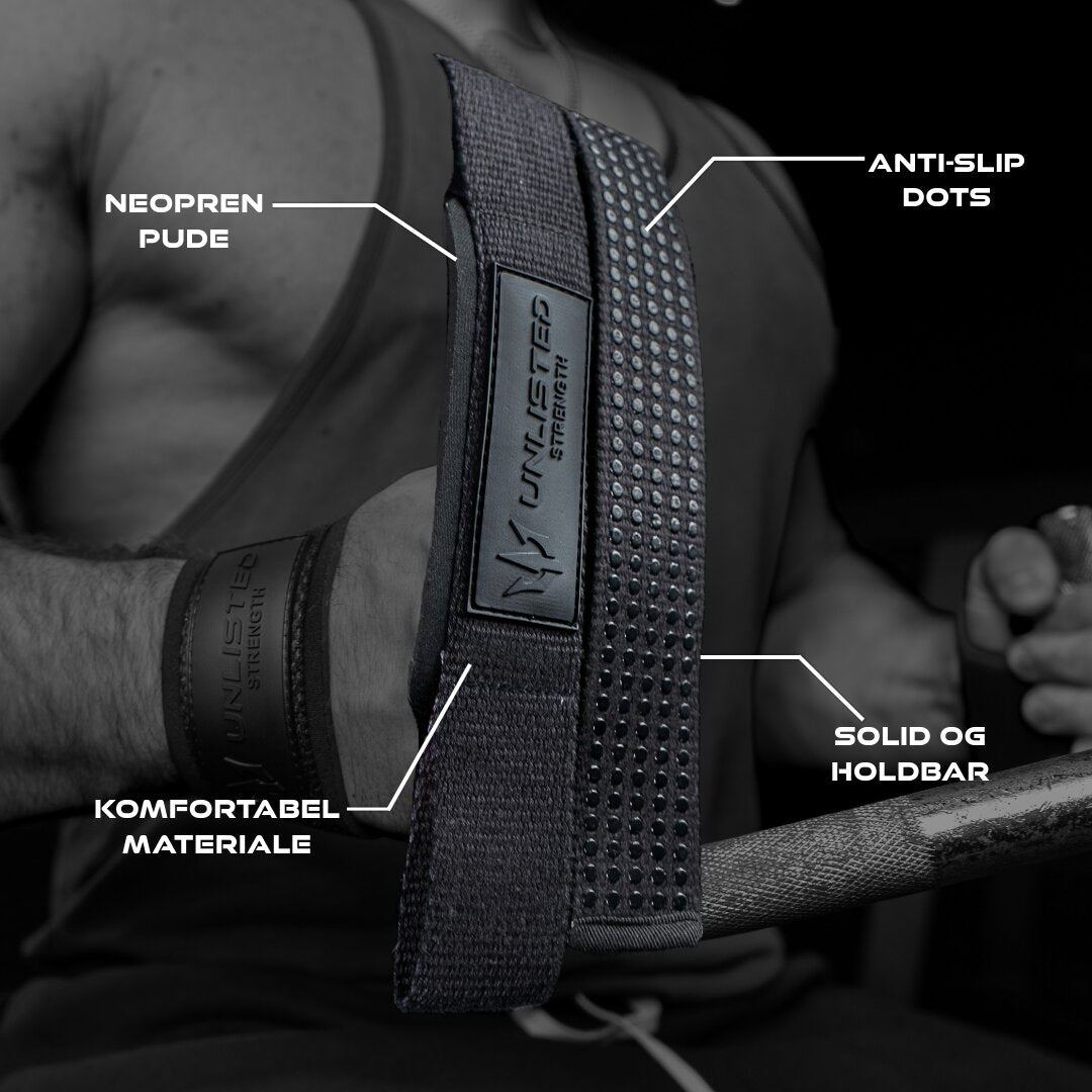Sorte Unlisted Strength lifting straps med fremhævede specifikationer