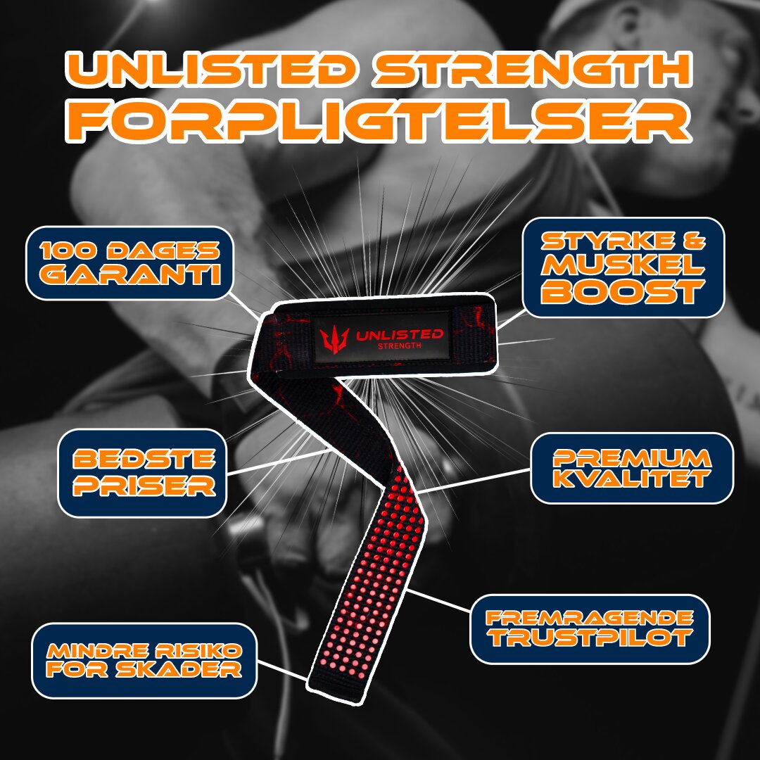 Illustration der fremhæver de 6 vigtigste fordele ved at købe Unlisted Strength lifting straps med lifting straps i midten og fordelene ved siden af