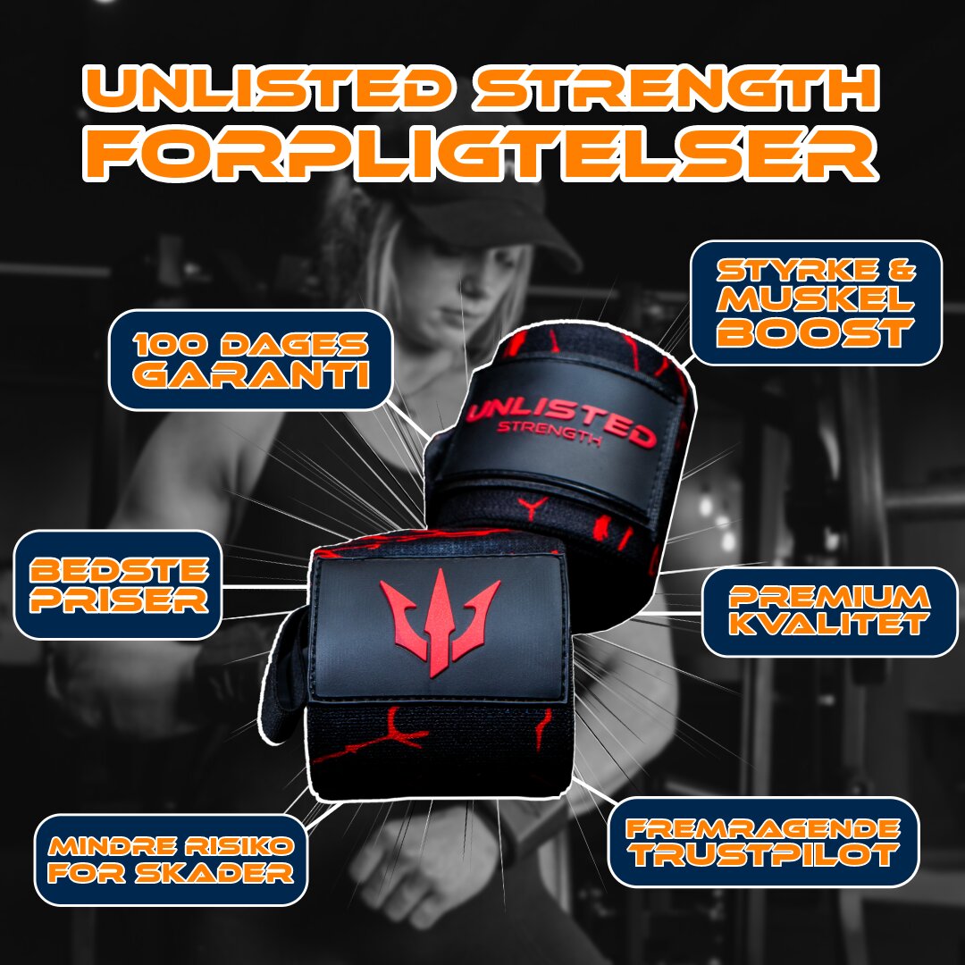Illustrationsbillede af røde Unlisted Strength wrist wraps og 6 kundefordele rundt om